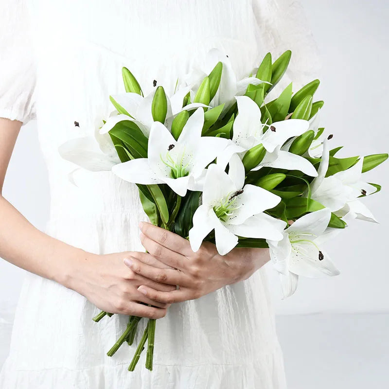 5 pçs 38cm lírio branco flores artificiais festa de casamento buquê de noiva planta falsa para sala estar casa garen decoração toque real