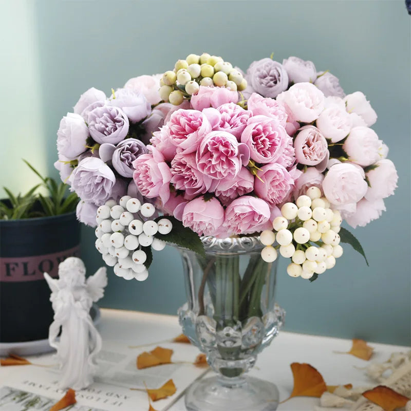 Produto Flores artificiais de peônia rosa, buquê de seda, flor falsa para mesa, vaso, decoração de casa e casamento, 27 rosas flores - 1