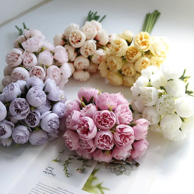 Produto Flores artificiais de peônia rosa, buquê de seda, flor falsa para mesa, vaso, decoração de casa e casamento, 27 rosas flores - 1