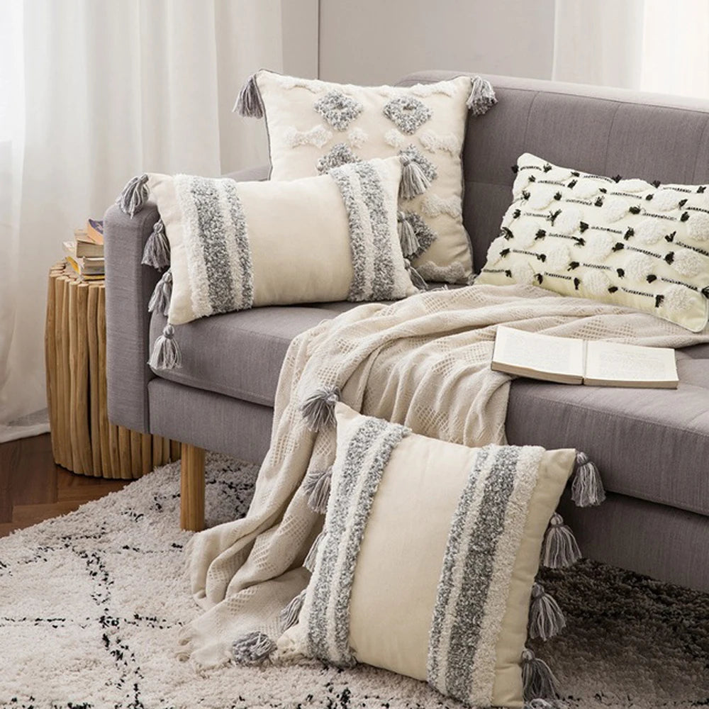 Capa de Almofada Boho Marrocos Tufted com Borlas