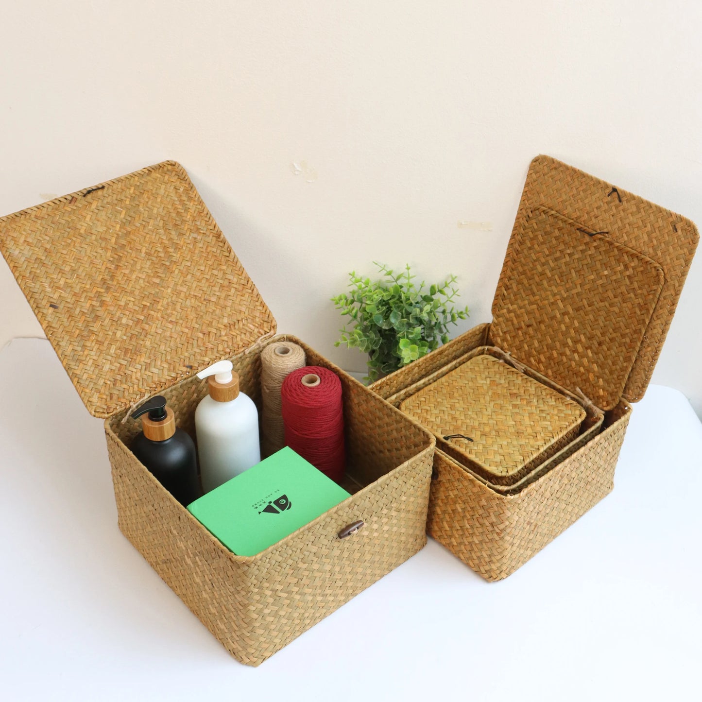 Cestas de Organização de Algas Marinhas com Tampa - Elegante Conjunto de 4