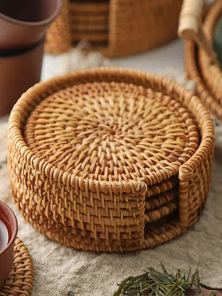 Conjunto de Porta-Copos de Rattan Elegante - 6 Peças