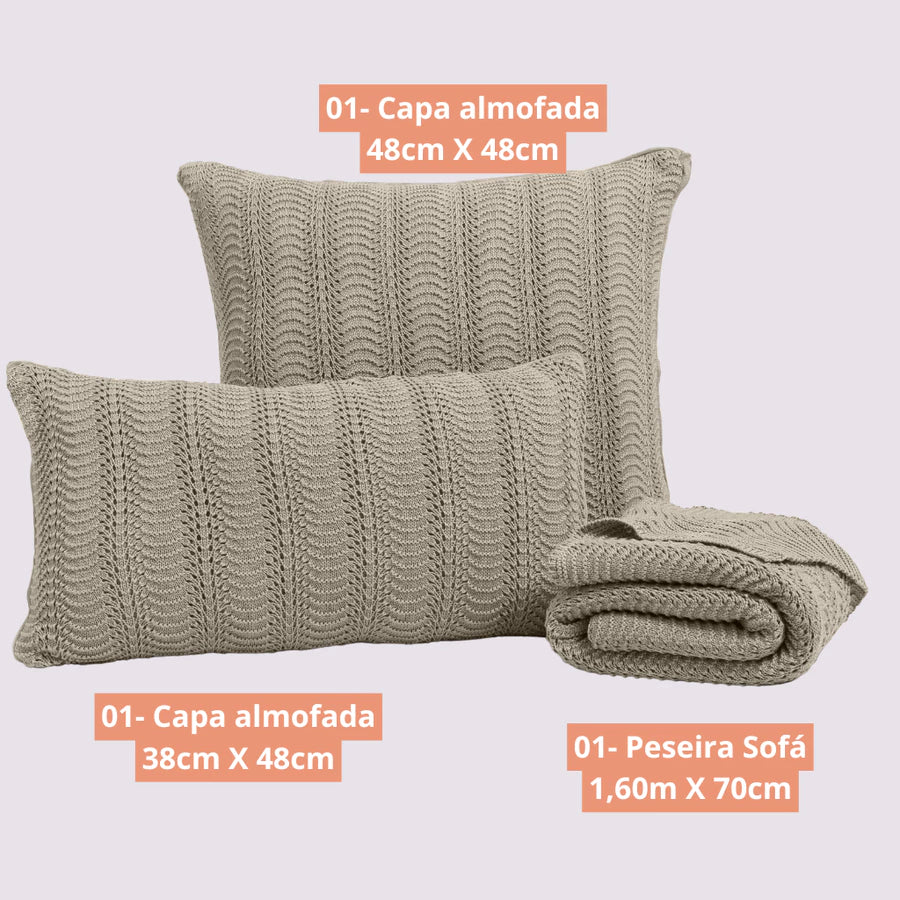 Kit Manta / Peseira Tricot Luxo 100% Algodão + 2 Capas de Almofadas - Luxo e Elegância