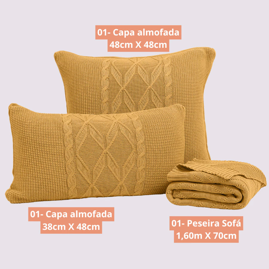 Kit Manta / Peseira Tricot Luxo 100% Algodão + 2 Capas de Almofadas - Luxo e Elegância