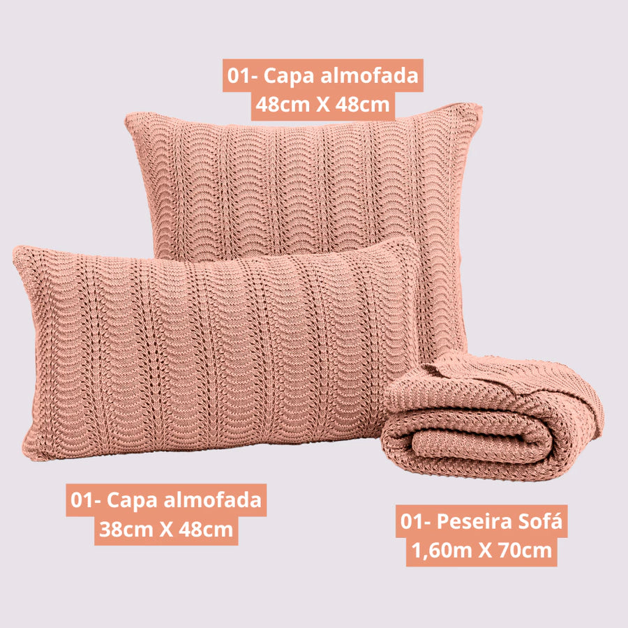 Kit Manta / Peseira Tricot Luxo 100% Algodão + 2 Capas de Almofadas - Luxo e Elegância