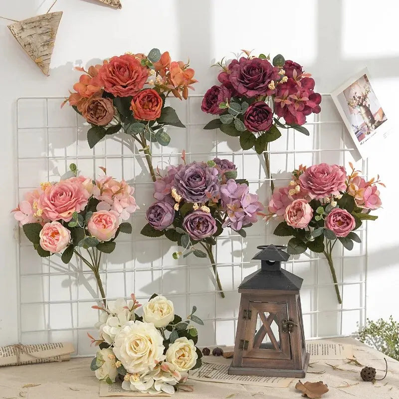 Retro hortênsia núcleo falso peônia buquê simulação atacado escada de casamento decorativo flores artificiais flores de seda
