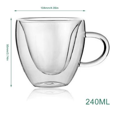 Kit com 2 Xícaras de Vidro Duplo com Coração, Resistente ao Calor