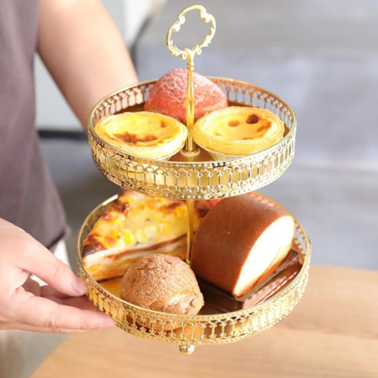 Bandeja Decorativa Dupla de Cobre Dourado para Sobremesas