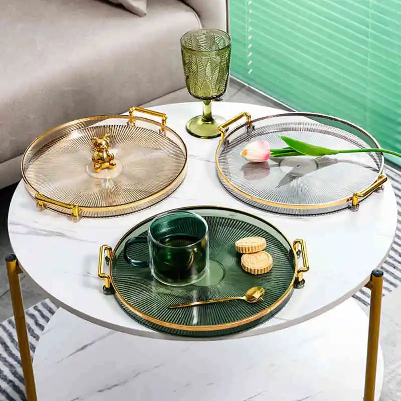Bandeja luxuosa do armazenamento com punho dourado, agregado familiar, chá, sobremesa, fruto, sala de estar, cozinha, prato de jantar