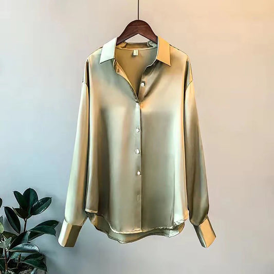Blusa de Manga Longa Elegante de Cetim
