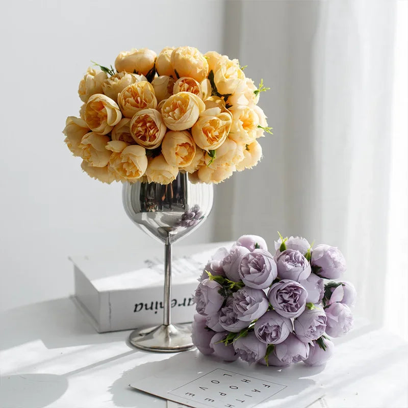 Flores artificiais de peônia rosa, buquê de seda, flor falsa para mesa, vaso, decoração de casa e casamento, 27 rosas flores
