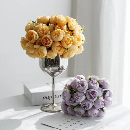 Flores artificiais de peônia rosa, buquê de seda, flor falsa para mesa, vaso, decoração de casa e casamento, 27 rosas flores