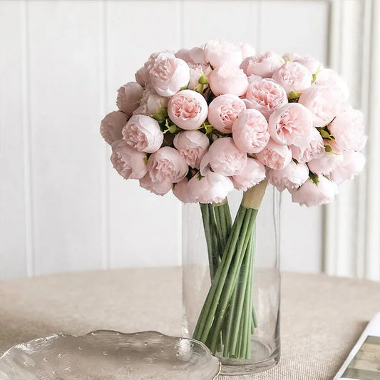 Flores artificiais de peônia rosa, buquê de seda, flor falsa para mesa, vaso, decoração de casa e casamento, 27 rosas flores