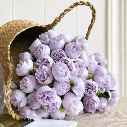 Flores artificiais de peônia rosa, buquê de seda, flor falsa para mesa, vaso, decoração de casa e casamento, 27 rosas flores