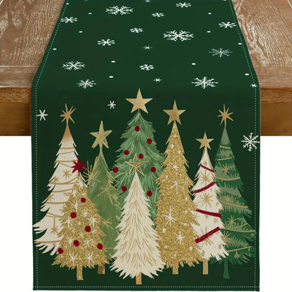 Caminho de Mesa Natalino com Flocos de Neve e Árvores Douradas