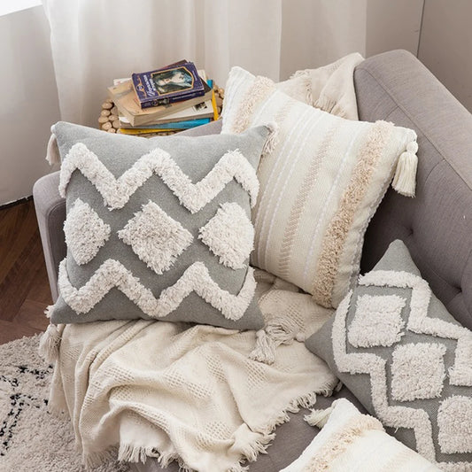 Capa de Almofada Boho Marrocos Tufted com Borlas