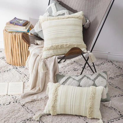 Capa de Almofada Boho Marrocos Tufted com Borlas