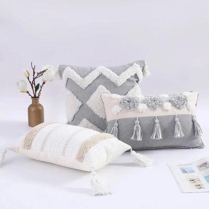 Capa de Almofada Boho Marrocos Tufted com Borlas