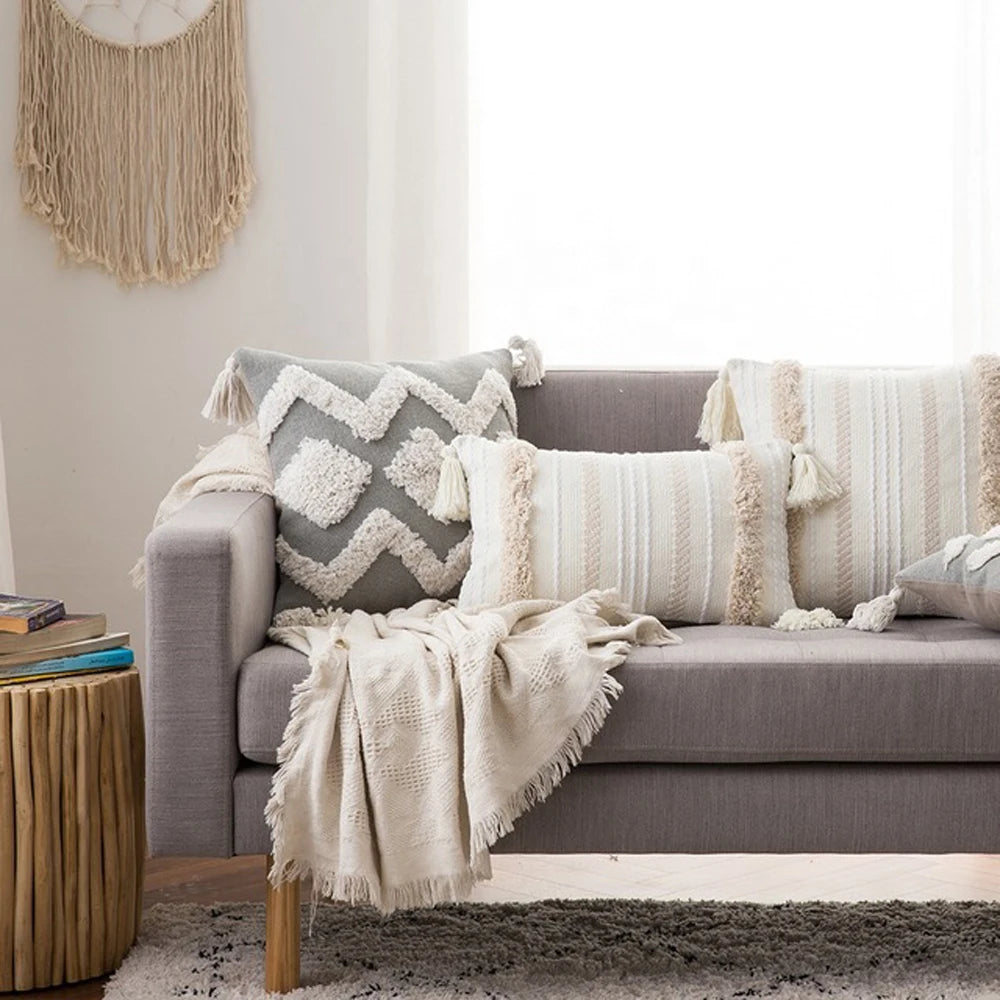 Capa de Almofada Boho Marrocos Tufted com Borlas