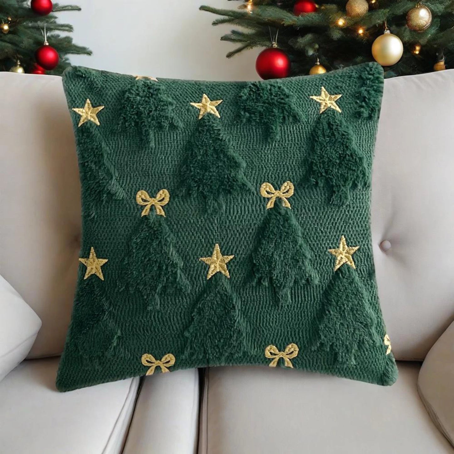 Capa de Almofada Natalinas Luxo com Bordado Estrela e Laço