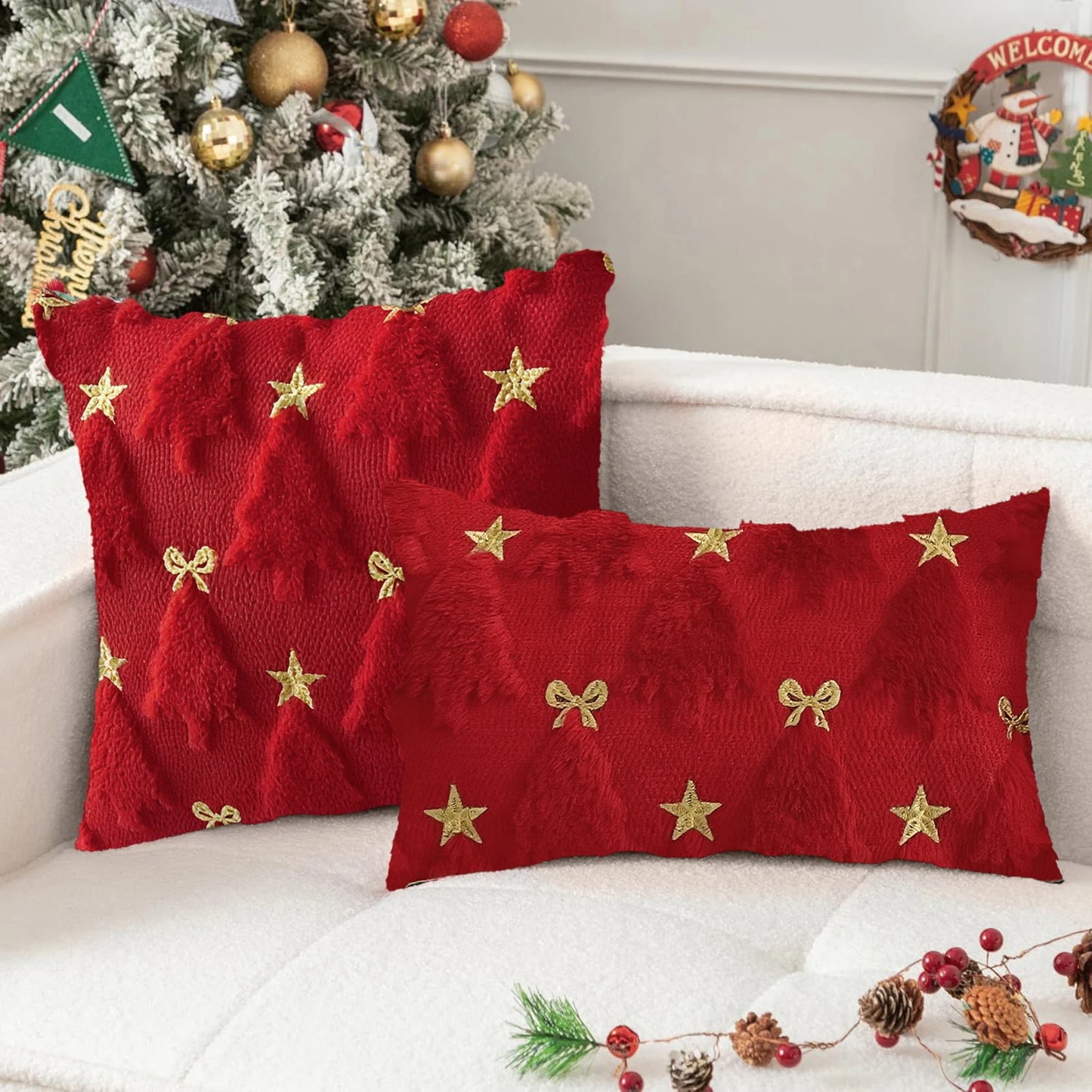 Capa de Almofada Natalinas Luxo com Bordado Estrela e Laço