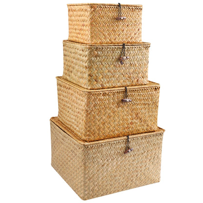 Cestas de Organização de Algas Marinhas com Tampa - Elegante Conjunto de 4