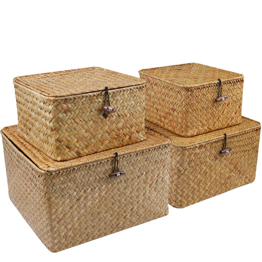 Cestas de Organização de Algas Marinhas com Tampa - Elegante Conjunto de 4