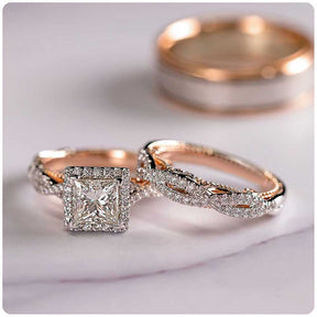 Huitan Luxury Princess Cut Cubic Zircon Bridal Marriage Set Rings Elegant Accessories Brilliant Women Men Wedding Trendy Jewelry