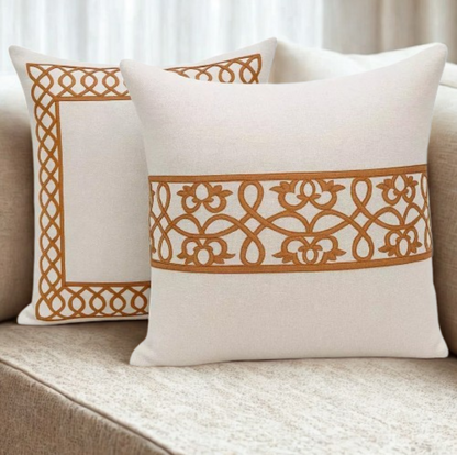 Kit 2 Capas de Almofada em Linho e Veludo Terracota com Faixa