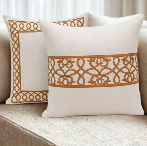 Kit 2 Capas de Almofada em Linho e Veludo Terracota com Faixa