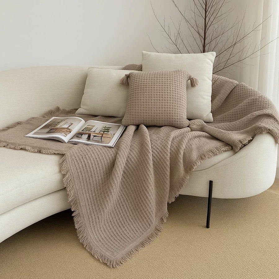 Manta de Sofá em Piquet 100% Algodão com Franjas Boho – Aconchego Boho para Sofá e Cama