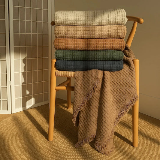 Manta de Sofá em Piquet 100% Algodão com Franjas Boho – Aconchego Boho para Sofá e Cama