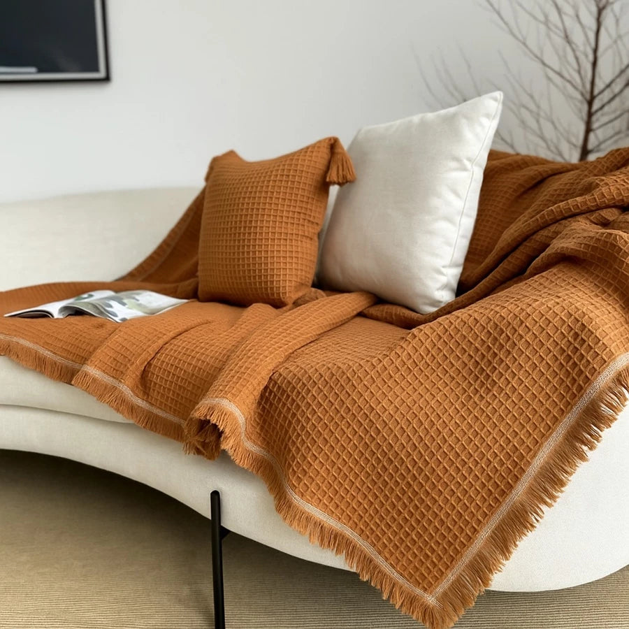 Manta de Sofá em Piquet 100% Algodão com Franjas Boho – Aconchego Boho para Sofá e Cama