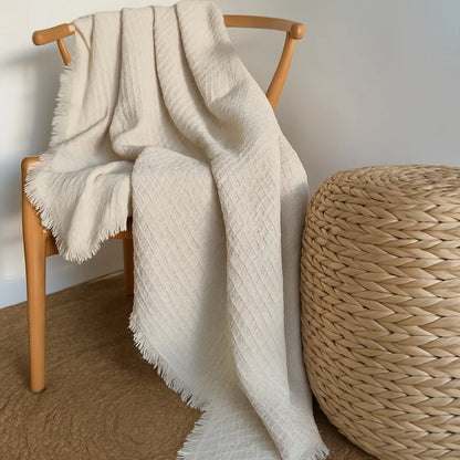 Manta de Sofá em Piquet 100% Algodão com Franjas Boho – Aconchego Boho para Sofá e Cama