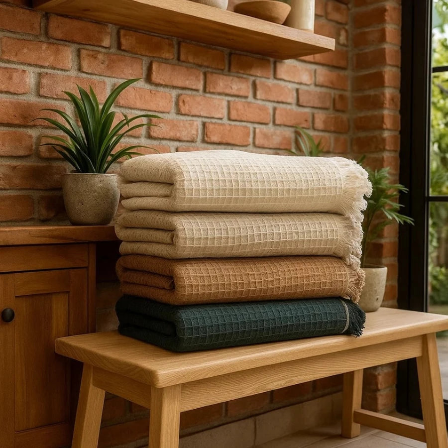 Manta de Sofá em Piquet 100% Algodão com Franjas Boho – Aconchego Boho para Sofá e Cama