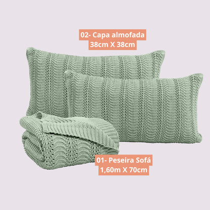 Kit Manta / Peseira Tricot Luxo 100% Algodão + 2 Capas de Almofadas - Luxo e Elegância