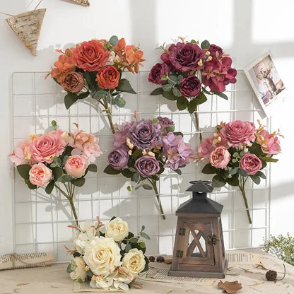 Retro hortênsia núcleo falso peônia buquê simulação atacado escada de casamento decorativo flores artificiais flores de seda