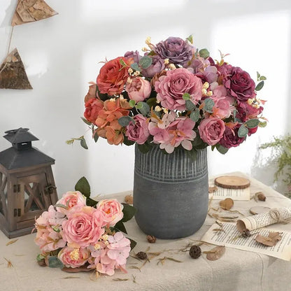 Retro hortênsia núcleo falso peônia buquê simulação atacado escada de casamento decorativo flores artificiais flores de seda