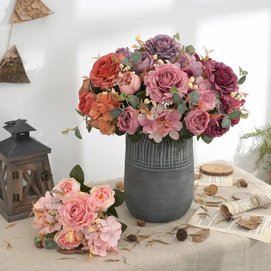 Retro hortênsia núcleo falso peônia buquê simulação atacado escada de casamento decorativo flores artificiais flores de seda