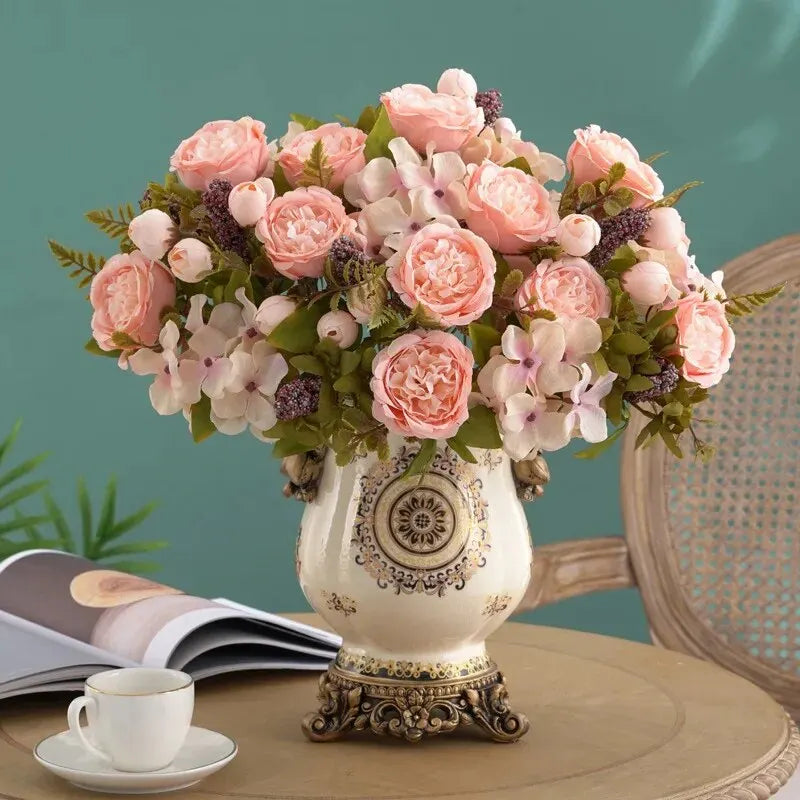 Retro hortênsia núcleo falso peônia buquê simulação atacado escada de casamento decorativo flores artificiais flores de seda