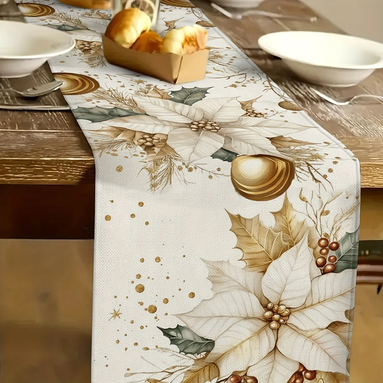 Caminho de Mesa Natalino com Folhas douradas para Decoração Elegante