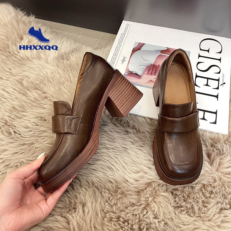 Shoes Female Heels Women British Style 2022 New Thick-soled College Style Casual Loafers Black Leather Fashion Shoes Girls