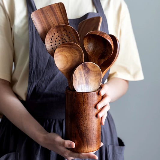 Conjunto De Cozinha De Madeira, Espátula Doméstica, Colher, Garfo De Salada, Colher De Agitação, Conjunto De Cozimento De Cozinha Com Balde De Armazenamento