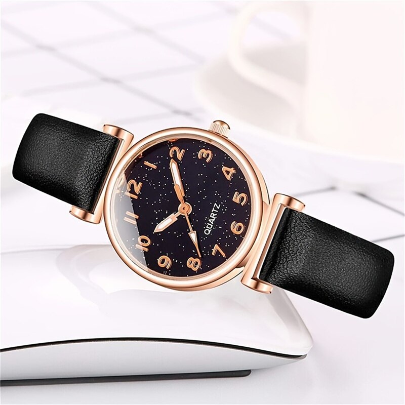 5pcs Set Women Fashion Casual Leather Belt Watches Simple Ladies Starry Sky Round Dial Quartz Wristwatches Dress Clock