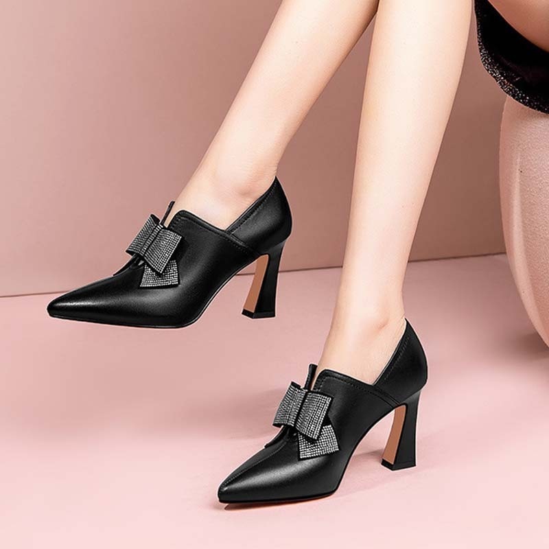 Women Chunky Heels Shoes 2023 New Autumn Bow Rhinestone Pointed Toe Pumps Sexy Slip On Party Dress Ankle Boots Zapatillas Mujer