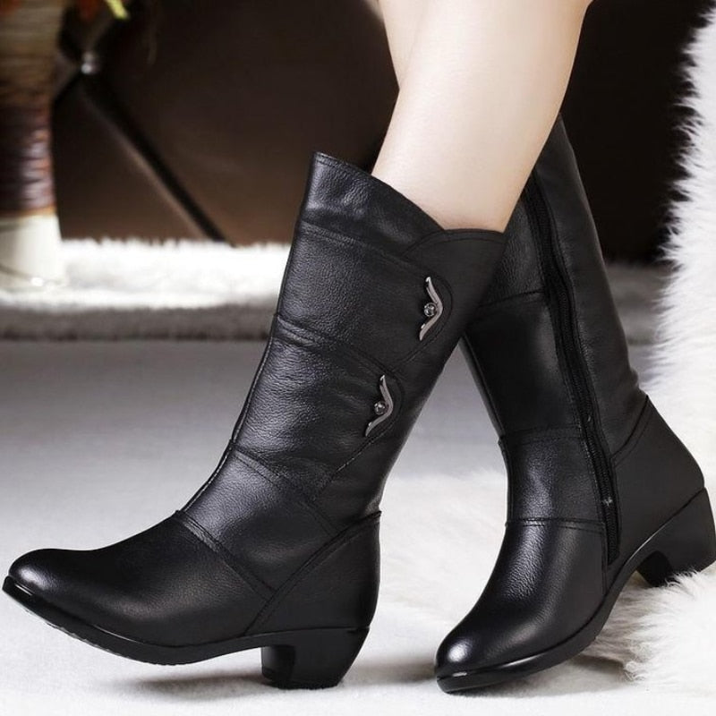 Women Mid-calf Boots Autumn British Style Black Fashion Side Zipper Waterproof Plus Size Leather Boots Botas Media Cana Mujer