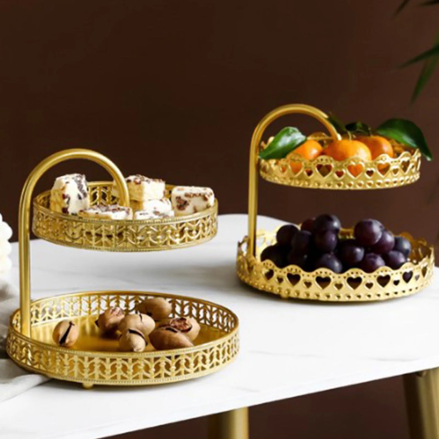 Bandeja Decorativa Dupla de Cobre Dourado para Sobremesas