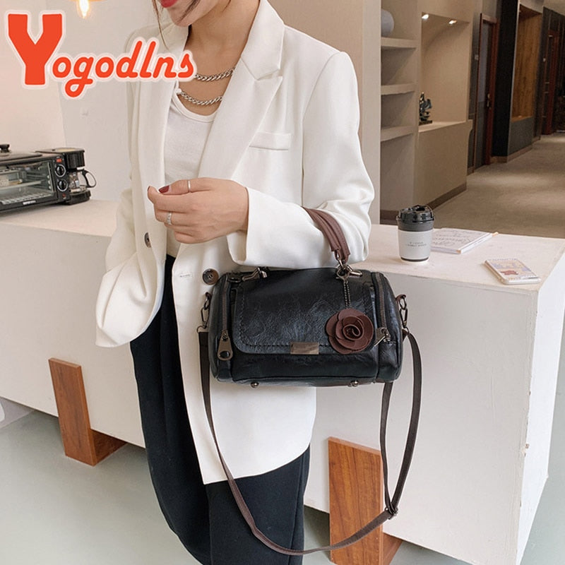 Yogodlns 2022 New flowers Pendant Handbag Women's fashion Boston bags single shoulder bag ladies crossbody bag PU messenger bag