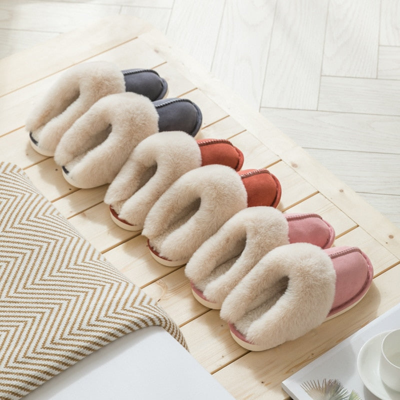 2022 Winter Warm Home Fur Slippers Women Luxury Faux Suede Plush Couple Cotton Shoes Indoor Bedroom Flat Heels Fluffy Slippers