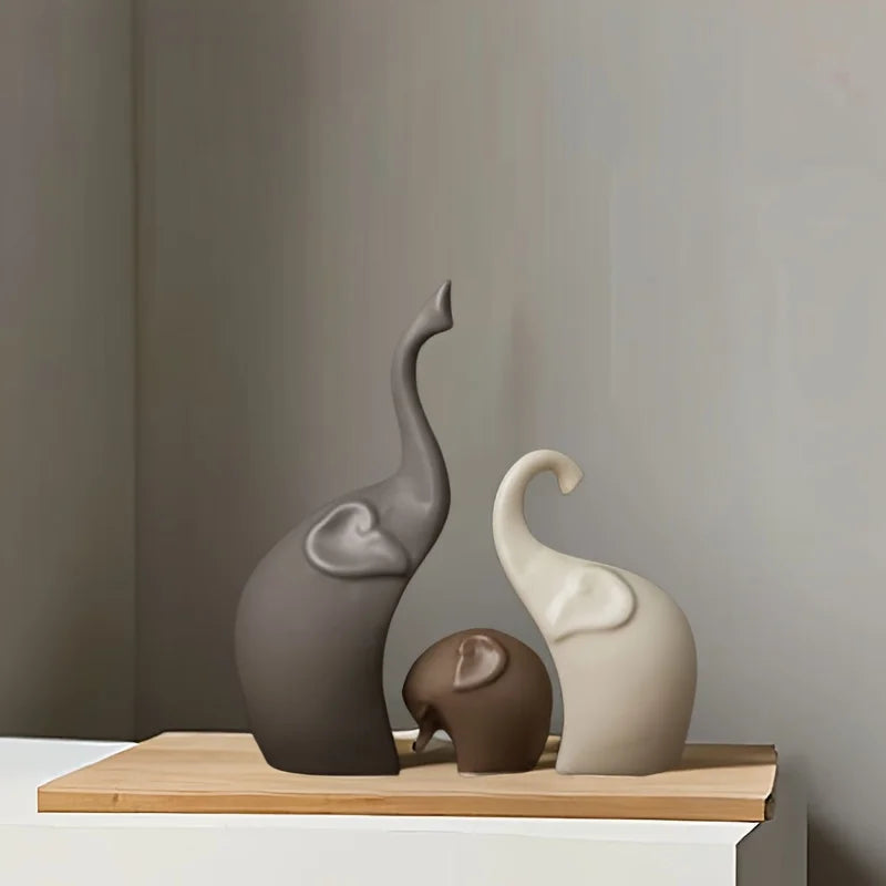 Estatuetas de Família de Elefante em Cerâmica - Sofisticação Nórdica